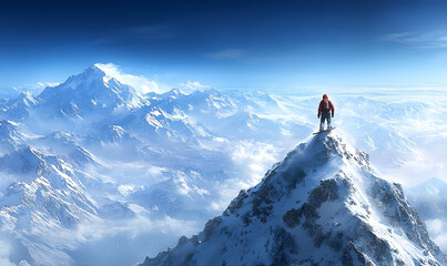 Lone Snowboarder Stands Atop Mountain Peak, Overlooking Vast Sno