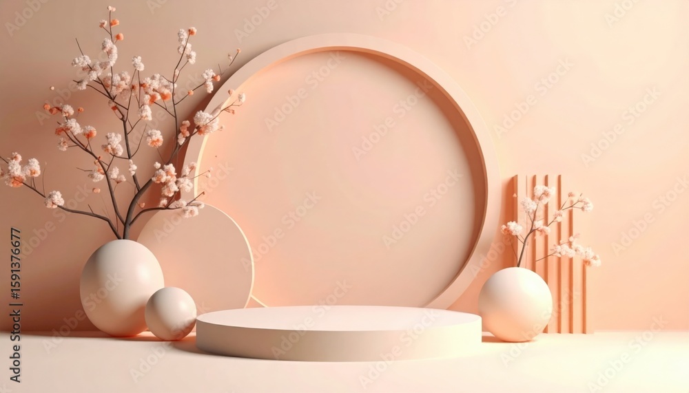Poster elegant minimalist display with blossoming branches in soft peach tones studio setup decorative art 