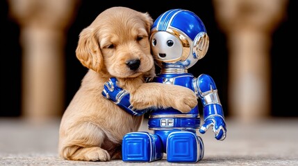 A cute puppy cuddles a friendly robot toy, showcasing companionship.