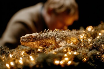 A golden lizard ornament illuminated by soft lights in a cozy setting.