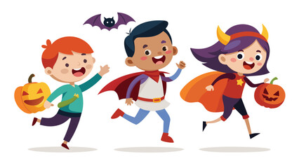 Three children in halloween costumes running with pumpkins and a bat flying above them all
