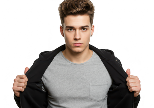 A young, handsome man wearing a black jacket over a grey tshirt, posing confidently isolated on a transparent background