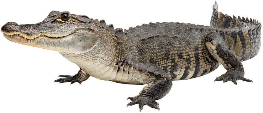 Ultra‑high‑resolution full‑body alligator illustration with lifelike scales isolated on seamless transparent PNG background, ideal cutout for wildlife branding, swamp‑themed graphic design - Powered by Adobe