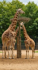 Obraz premium Three giraffes near wooden post