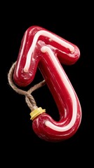 Red and white striped lollipop candy with jute string against black background