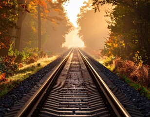 Fototapeta premium Golden autumn train tracks leading to a sunlit horizon