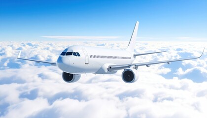 Obraz premium A white passenger airplane is flying high above a dense layer of white fluffy clouds under a bright blue sky