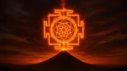 A stylized symbol resembling a mandala or yantra is illuminated against a dramatic sunset backdrop with a mountain silhouette.