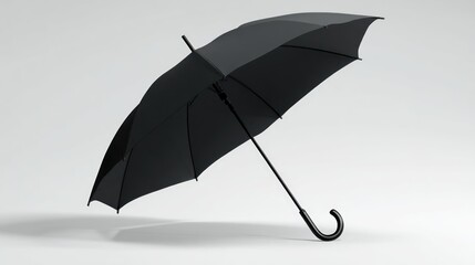 Classic black umbrella, closed, with a curved handle, shown against a light gray background