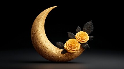 Golden crescent moon with yellow roses and dark leaves on black background