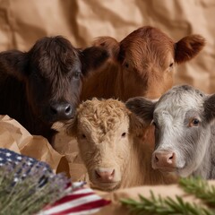 Fototapeta premium Four young cattle of various colors with an American flag and greenery on a brown paper background