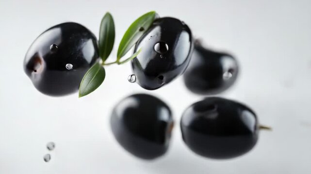 A bundle of black olives with a sprig of fresh olive leaf, perfect for garnishing or as a decorative element