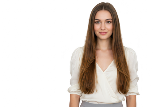 A young woman with long brown hair and a friendly smile wears a white blouse, isolated on a transparent background