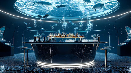 Underwater bar with circular design, featuring fish and aquatic life, illuminated by neon lights.  Dark, modern decor
