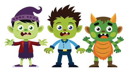 Three cartoon monsters with green skin and different outfits standing side by side on a white background