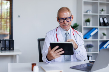 Clinic, doctor and portrait of man with tablet and stethoscope for medical wellness, support and...