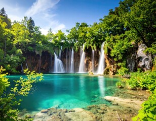 Lush waterfall cascading into turquoise pool