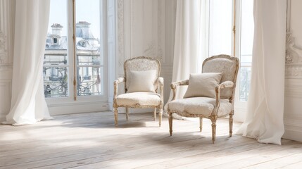 Sunlit room with antique chairs, Parisian view, and flowing curtains