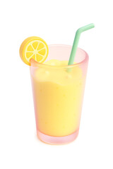 Bright yellow smoothie in pink glass with green straw and lemon slice, isolated on white. Cute 3D isometric style. perfect for summer, health, and food designs.