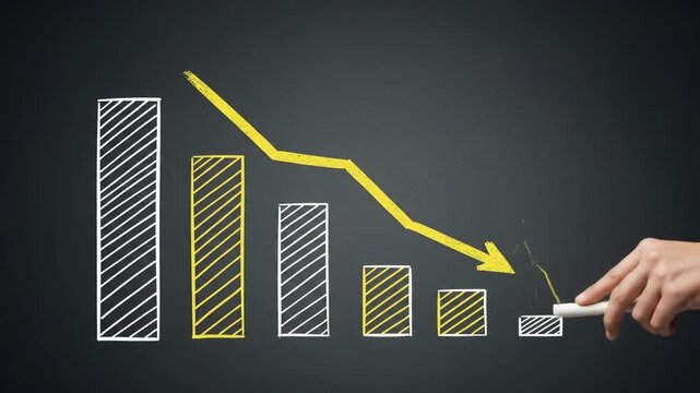 Chalkboard falling graph and down arrow with hand drawing last bar