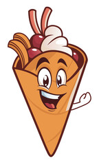 Happy pancake character full of toppings and cream waves with joy on white