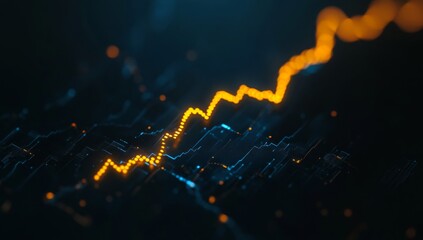 Glowing stock market graph going up on a black background, a financial growth concept with blue and yellow colors for business or a shaded flat illustration vector design. Vector illustration 