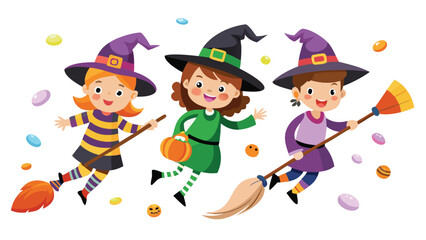 Three cartoon witch girls flying on broomsticks with candies scattered around during halloween season