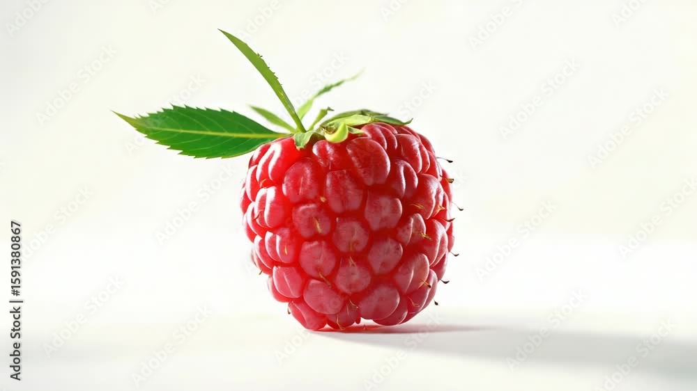 Poster a single raspberry with a leaf sitting on top of it