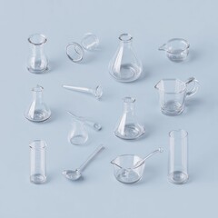 Miniature clear glass labware arranged on a pale blue surface