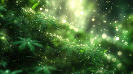 Lush green foliage, glistening with dew, bathed in sunlight
