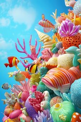 A vibrant underwater scene filled with colorful coral and fish.