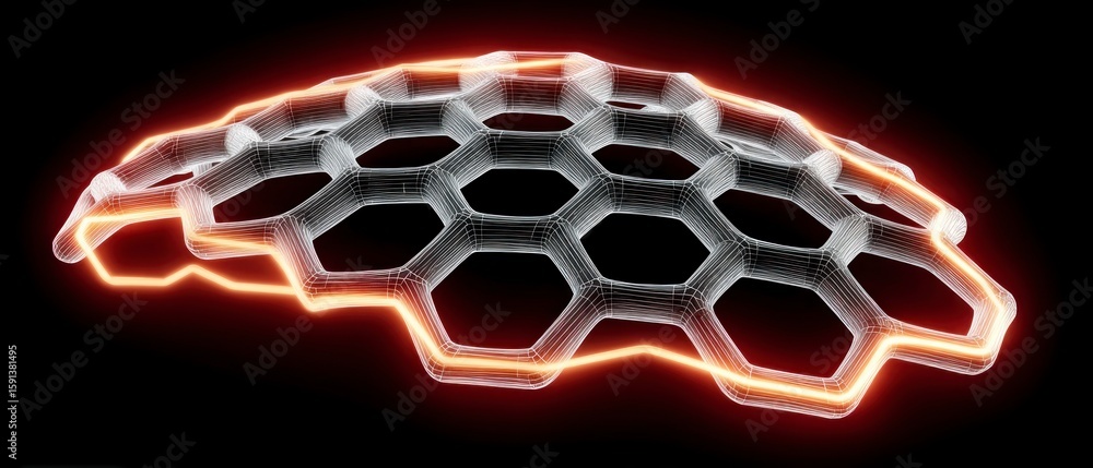 Poster futuristic wireframe hexagonal structure with glowing orange energy lines