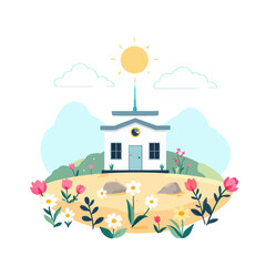 Sunny House on Hill: Nature & Home Illustration

