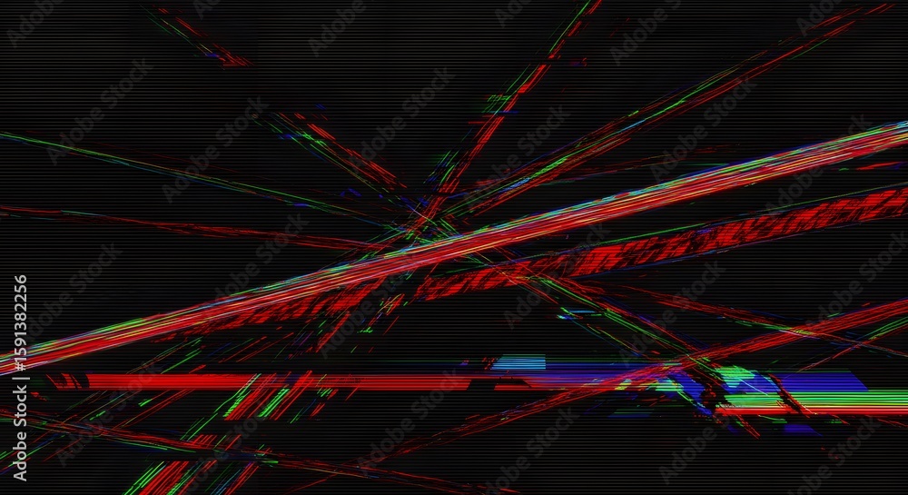 Poster abstract image of chaotic, intersecting lines in red, green, and blue against a dark background, cre