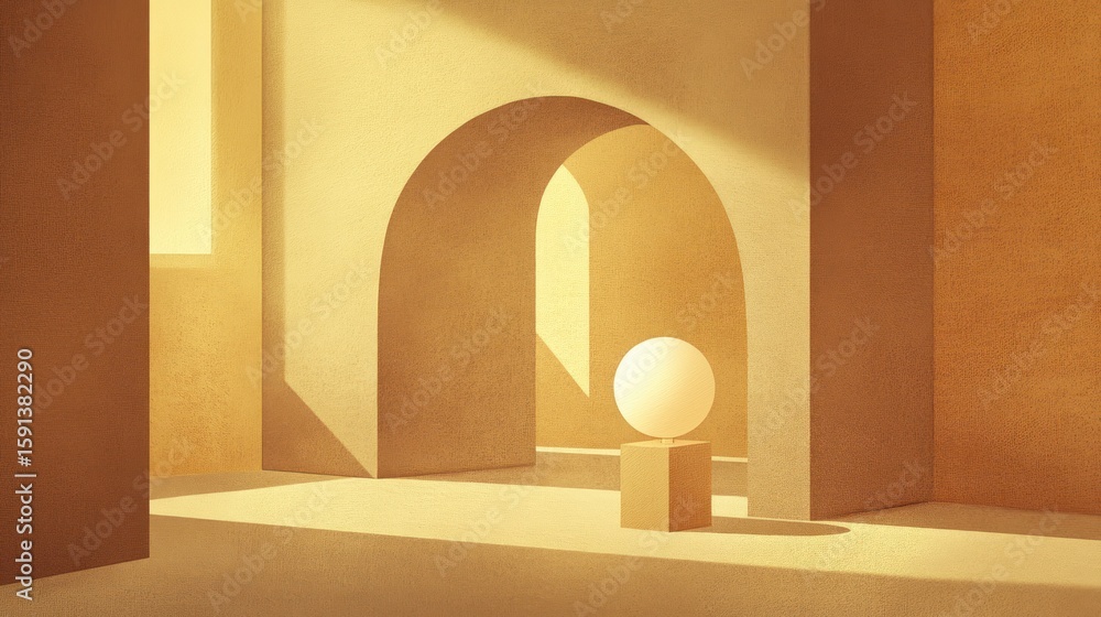 Poster minimalist architecture with archways and sphere in soft lighting