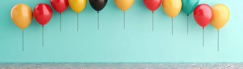 Colorful balloons against a mint green backdrop for celebrations.