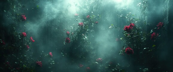 Mystical rose garden bathed in fog