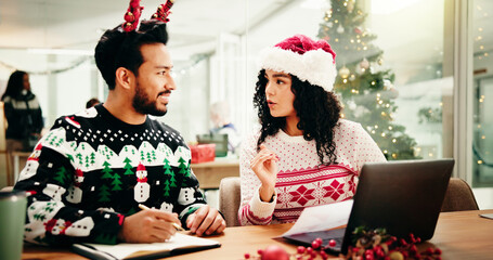 Christmas, team and business people in office for discussion, brainstorming or finance report....