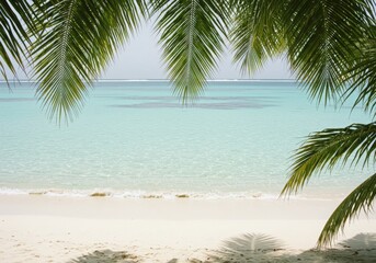 Fototapeta premium Tropical paradise beach with palm trees, turquoise ocean, and sunny sky perfect for a summer vacation, turquoise ocean, and sunny sky perfect for a summer vacation