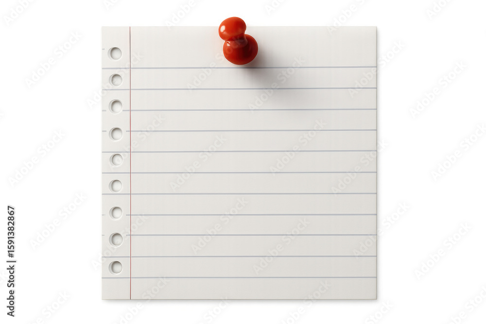 Poster blank notepad page pinned with red pushpin, waiting for writing against transparent backdrop