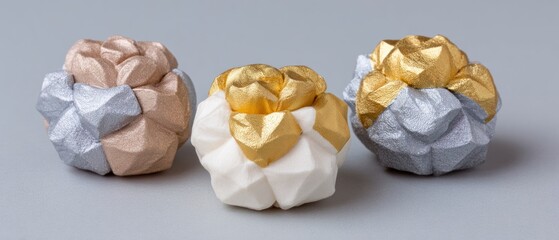 Three geometric paper origami creations in gold silver and cream hues paper craft