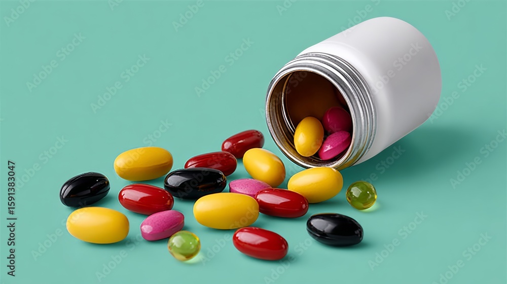 Poster bottle of multivitamins is open and scattered on a green surface. the multivitamins are in various c