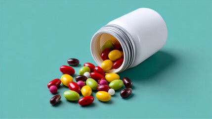 Jar of multicolored candies is spilled out onto a green surface. The candies are scattered all over the table, creating a colorful and playful scene