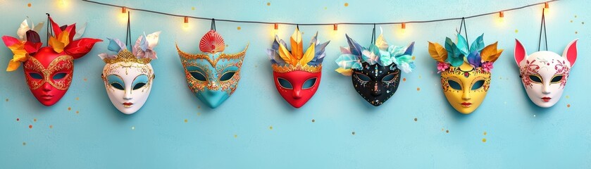 Colorful decorative masks hanging on a blue wall background.