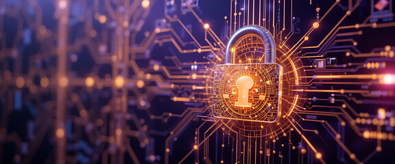 abstract block chain technology digital 3d cyber security system with golden glowing shiny metal lock on the middle dark purple golden silver lock with deep key hole shine shimmering micro glowing sys