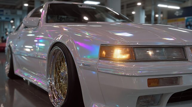 Close-up of a white car with iridescent paint