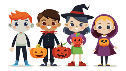 Four children dressed in halloween costumes holding pumpkins ready for trick or treating fun time