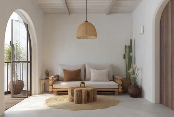 Fototapeta premium Balcony-Connected Living Room in Natural Tones and Earthy Materials