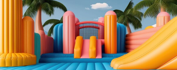 Colorful inflatable playground with slides and palm trees.