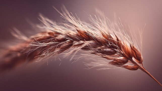A close-up of a single, mature, dried, tan-brown grass stalk with delicate, feathery awns, softly illuminated against a blurred, muted mauve background, suggesting a pastoral or autumnal setting